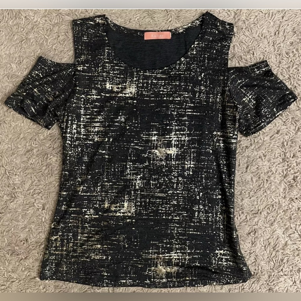 KELIER gray gold short cold sleeve shirt knit top small s